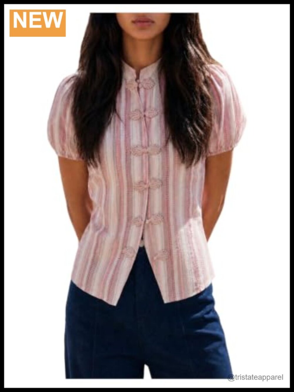 Striped Puff Sleeve Blouse Mandarin Collar Qipao Top Polyester Blend